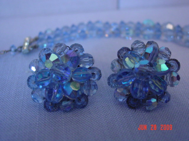 Baby Blue Crystal Bead Necklace & Clip Earrings