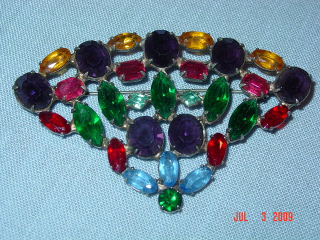 Estate Sterling Silver Colorful Rhinestone Fan Brooch