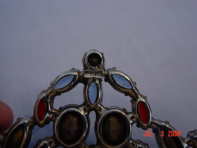 Estate Sterling Silver Colorful Rhinestone Fan Brooch