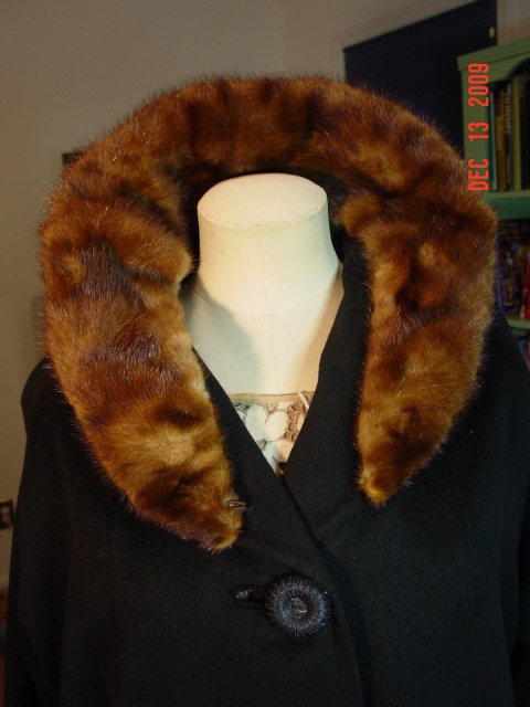 Vintage Black Wool Swing Coat with Mink Collar
