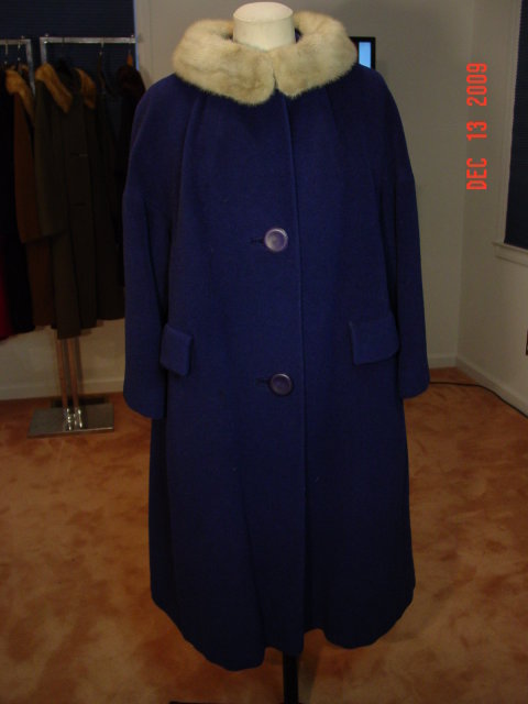 Vintage Navy Blue Wool Swing Coat with Silver Mink Fur Collar