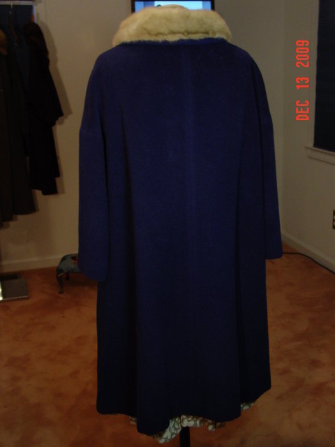 Vintage Navy Blue Wool Swing Coat with Silver Mink Fur Collar