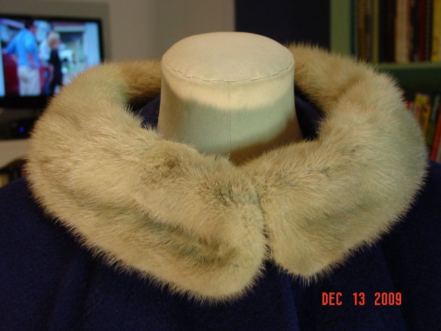 Vintage Navy Blue Wool Swing Coat with Silver Mink Fur Collar