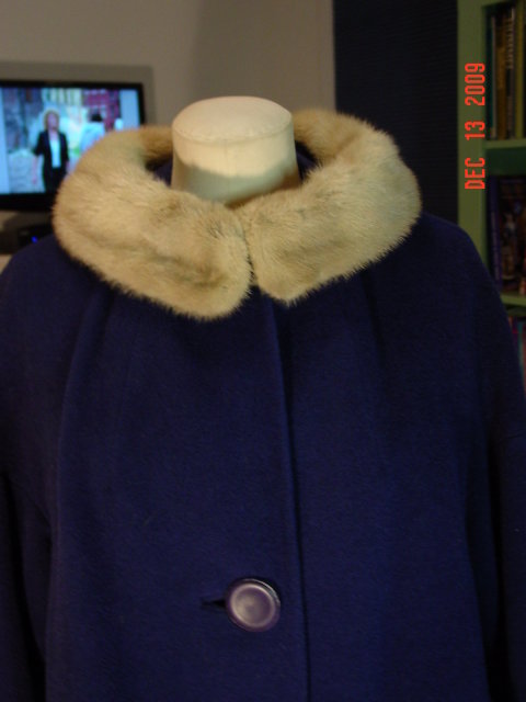 Vintage Navy Blue Wool Swing Coat with Silver Mink Fur Collar