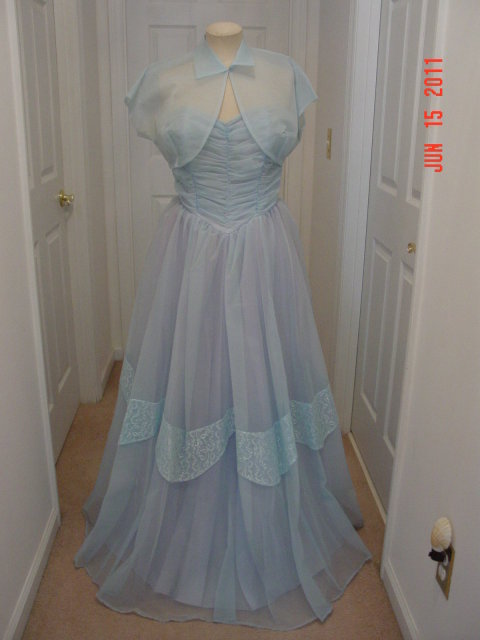 Vintage 50's Light Blue Full Length Strapless Prom Gown & Bolero Jacket