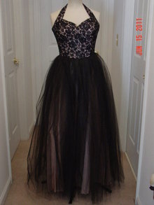 Vintage 50's Black Lace & Honeycomb Tulle on Pink Full Length Halter Top Prom Gown