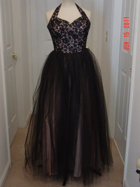 Vintage 50's Black Lace & Honeycomb Tulle on Pink Full Length Halter Top Prom Gown