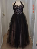 Vintage 50's Black Lace & Honeycomb Tulle on Pink Full Length Halter Top Prom Gown