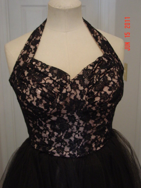 Vintage 50's Black Lace & Honeycomb Tulle on Pink Full Length Halter Top Prom Gown