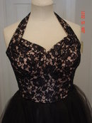 Vintage 50's Black Lace & Honeycomb Tulle on Pink Full Length Halter Top Prom Gown