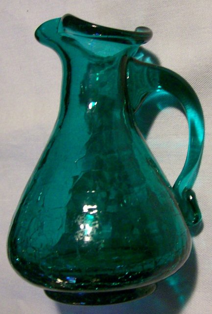 Crackle Blown Glass Pitcher Teal Green 1950's-60's 4.25