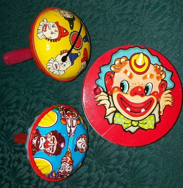 U.S. Metal Toy/Kirchoff Clown Tin Noise-Maker Set/3 Vintage 1930's-50's