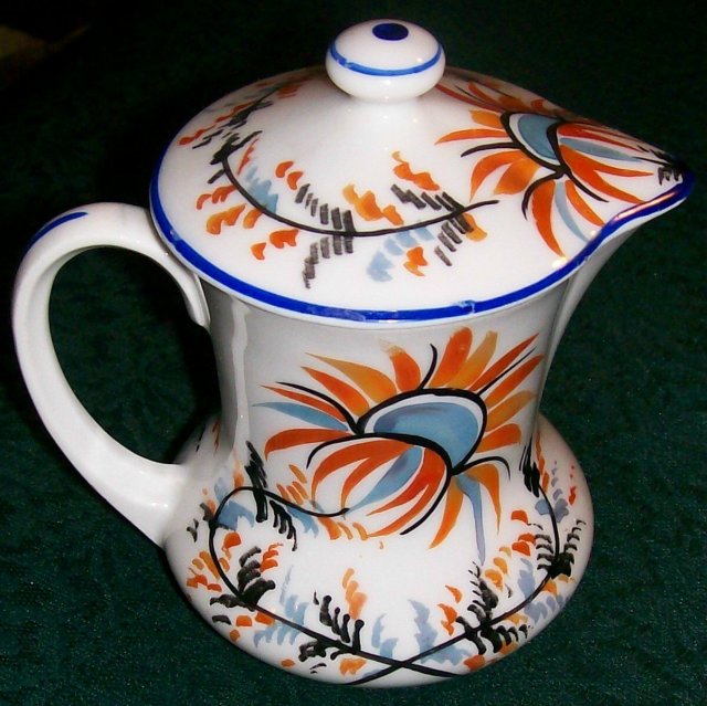 Czech Ceramic Syrup Pitcher with Lid Hand-Painted Blue & Orange Floral