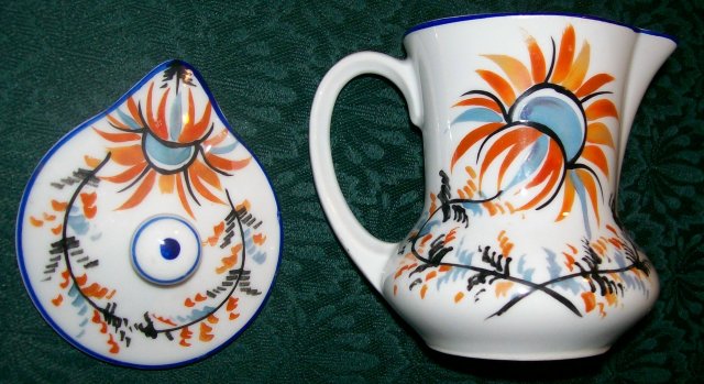 Czech Ceramic Syrup Pitcher with Lid Hand-Painted Blue & Orange Floral