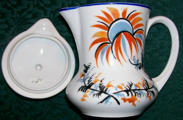 Czech Ceramic Syrup Pitcher with Lid Hand-Painted Blue & Orange Floral