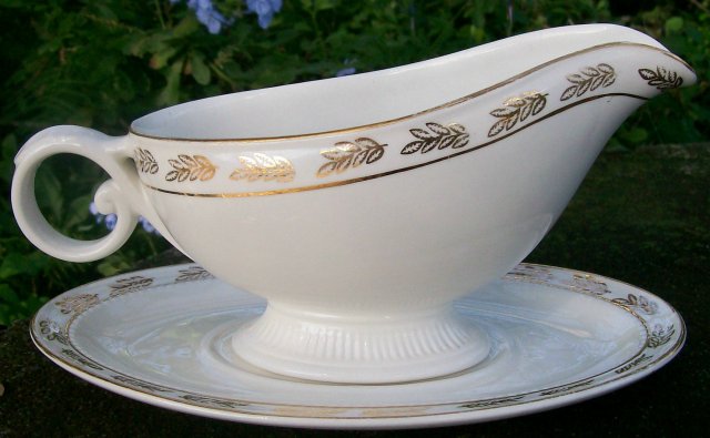 Hall / Poinciana China Golden Oak Ceramic Gravy Boat with Tray 1950's-60's Miami Fl