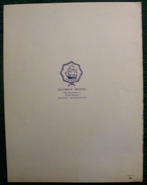 Olympic Hotel Georgian Room Restaurant Menu Seattle 1949