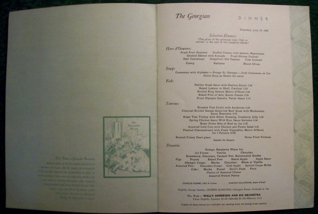 Olympic Hotel Georgian Room Restaurant Menu Seattle 1949