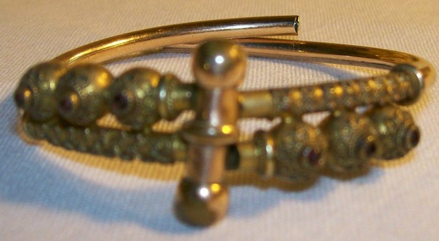 Etruscan Style Gold-Filled Bracelet: Patented 1882 Red Stones By-Pass Hinge
