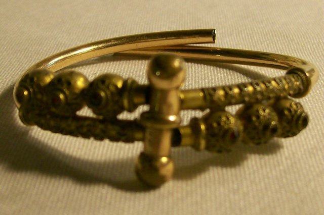 Etruscan Style Gold-Filled Bracelet: Patented 1882 Red Stones By-Pass Hinge