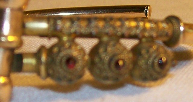 Etruscan Style Gold-Filled Bracelet: Patented 1882 Red Stones By-Pass Hinge