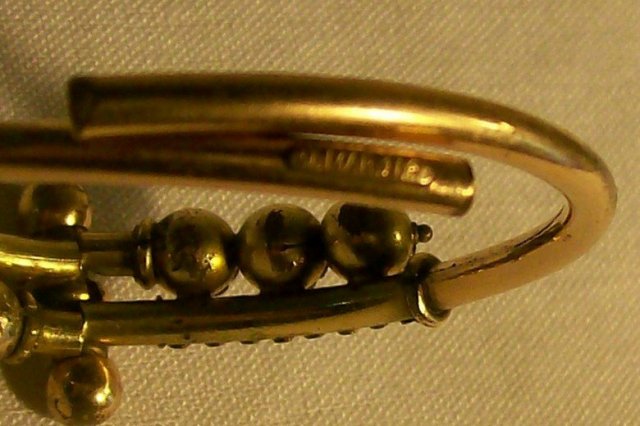Etruscan Style Gold-Filled Bracelet: Patented 1882 Red Stones By-Pass Hinge