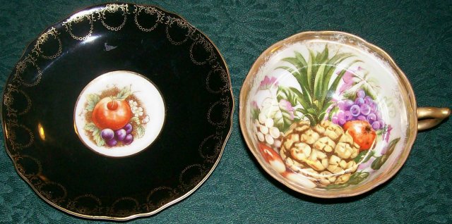 Royal Sealy Ceramic Footed Cup & Saucer Black w/ Fruit Center 1950s