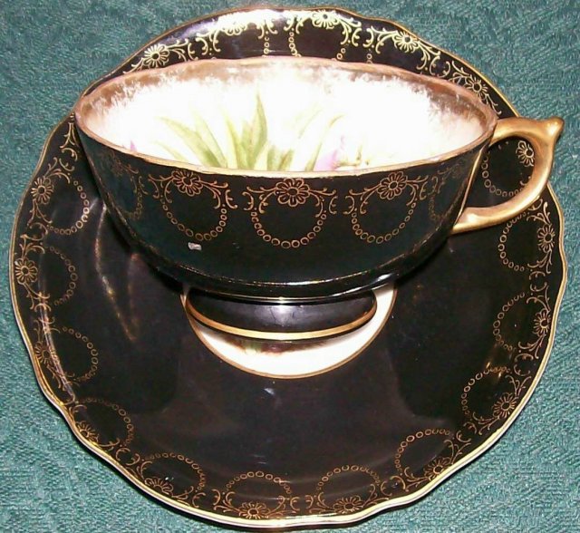 Royal Sealy Ceramic Footed Cup & Saucer Black w/ Fruit Center 1950s