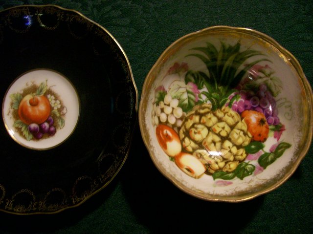 Royal Sealy Ceramic Footed Cup & Saucer Black w/ Fruit Center 1950s