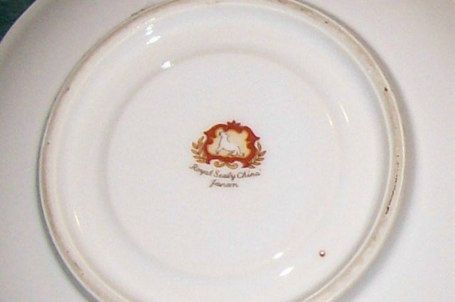 Royal Sealy Ceramic Footed Cup & Saucer Black w/ Fruit Center 1950s