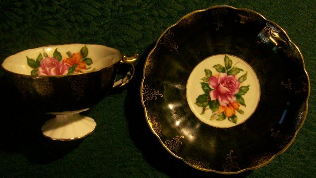Nihon Yoko Boeki Ceramic Footed Cup & Saucer Black w/Roses 1950s Japan