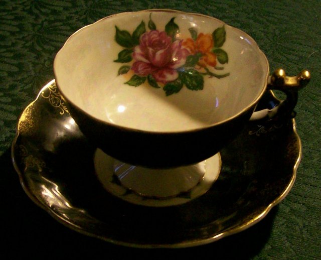 Nihon Yoko Boeki Ceramic Footed Cup & Saucer Black w/Roses 1950s Japan