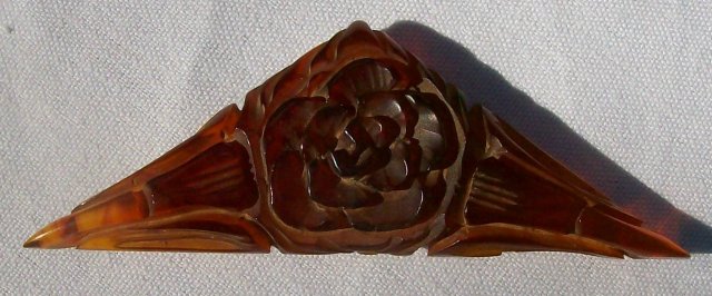 Carved Root Beer Bakelite Plastic Dress Clip Patent 1932 Triangle with Rose/Lilies