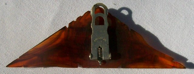 Carved Root Beer Bakelite Plastic Dress Clip Patent 1932 Triangle with Rose/Lilies