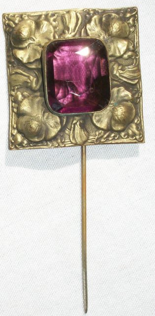 Art Nouveau Scarf/Stick Pin Amethyst Glass & Brass Pansies