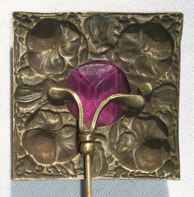 Art Nouveau Scarf/Stick Pin Amethyst Glass & Brass Pansies