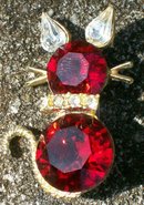 Dodd's Kitty Cat Pin Ruby Red Rhinestones 1960's Marked