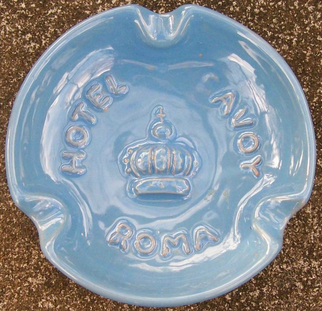 Hotel Savoy Advertising Ceramic Ashtray Rome Italy Mid-Century Blue 4 3/8