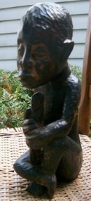 African Wood Carving Seated Man with Staff Tribal Leader Dark Woodtone 14