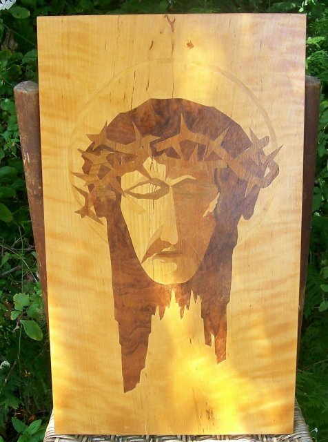 Marquetry Wooden Plaque of Image of Jesus Christ Wall Hanging Veronica