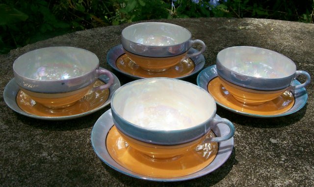 Japanese Luster Ware Cups & Saucers: Set of 4