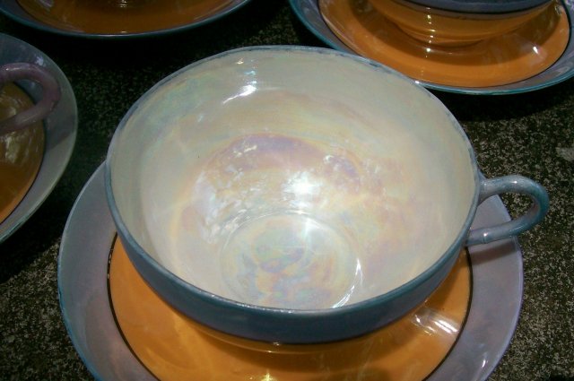 Japanese Luster Ware Cups & Saucers: Set of 4