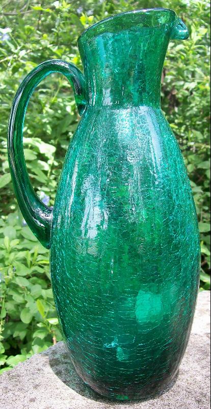 Crackle Glass Pitcher in Teal Green 1950's-60's 12