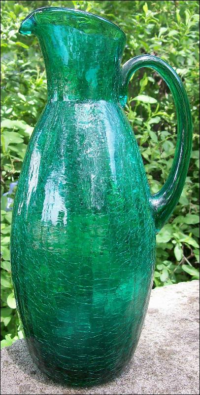 Crackle Glass Pitcher in Teal Green 1950's-60's 12