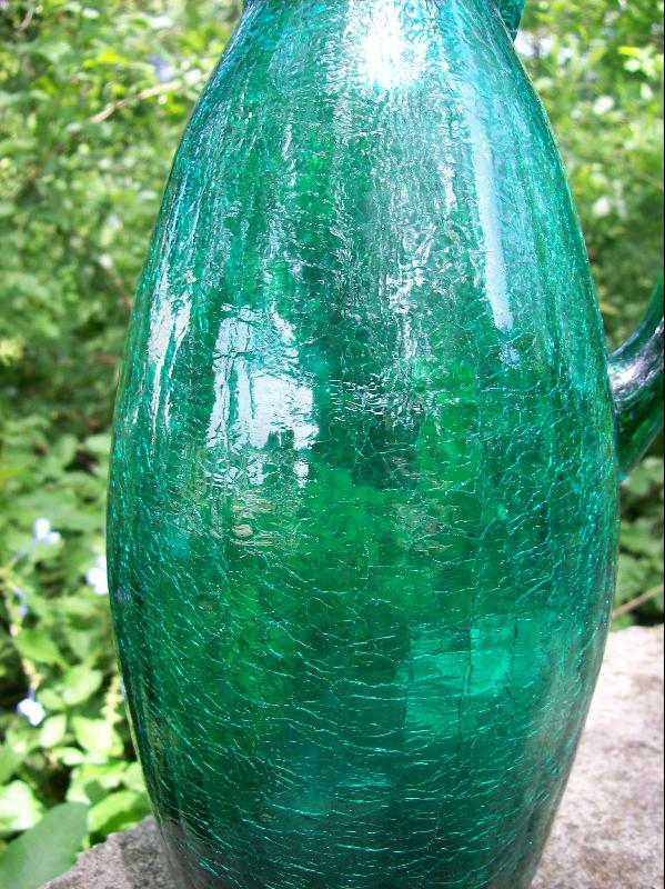 Crackle Glass Pitcher in Teal Green 1950's-60's 12