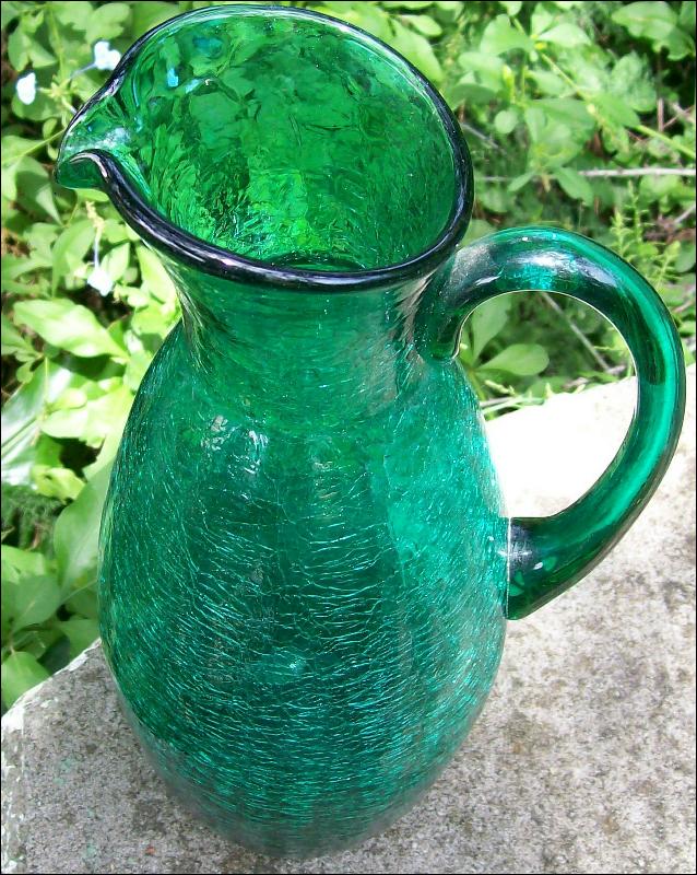 Crackle Glass Pitcher in Teal Green 1950's-60's 12