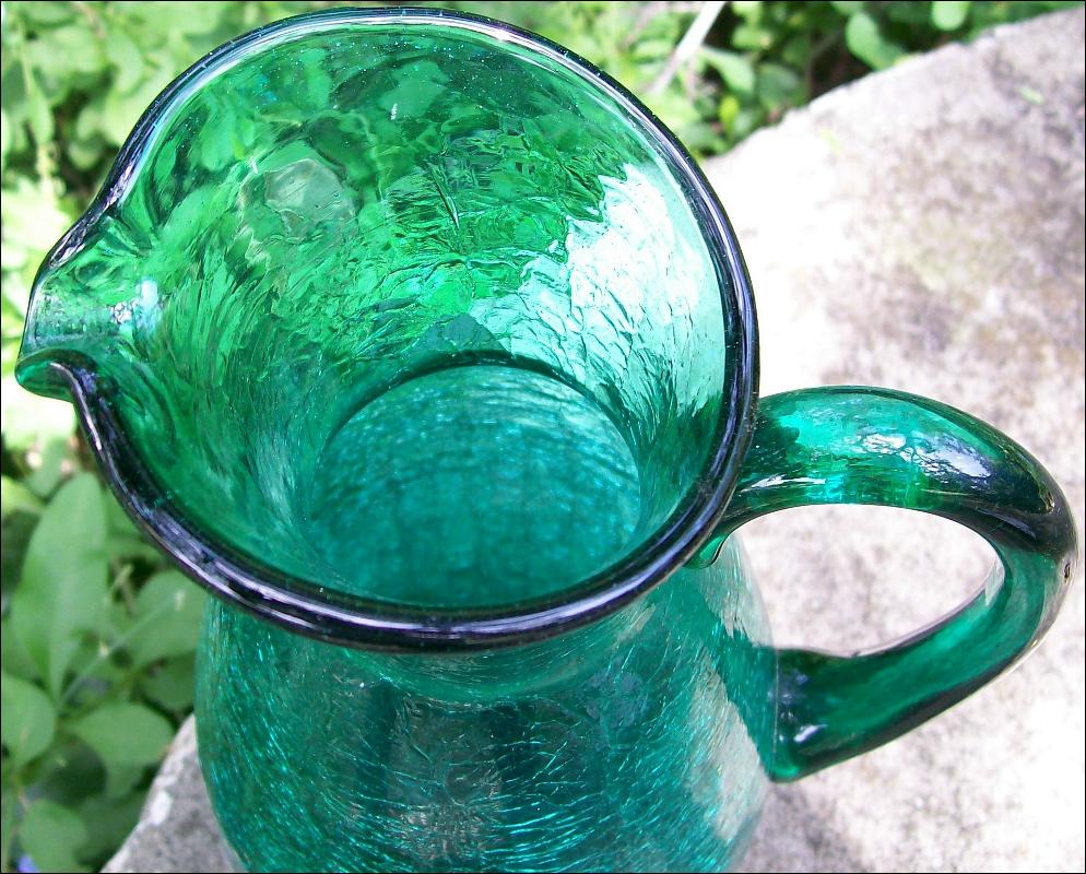 Crackle Glass Pitcher in Teal Green 1950's-60's 12