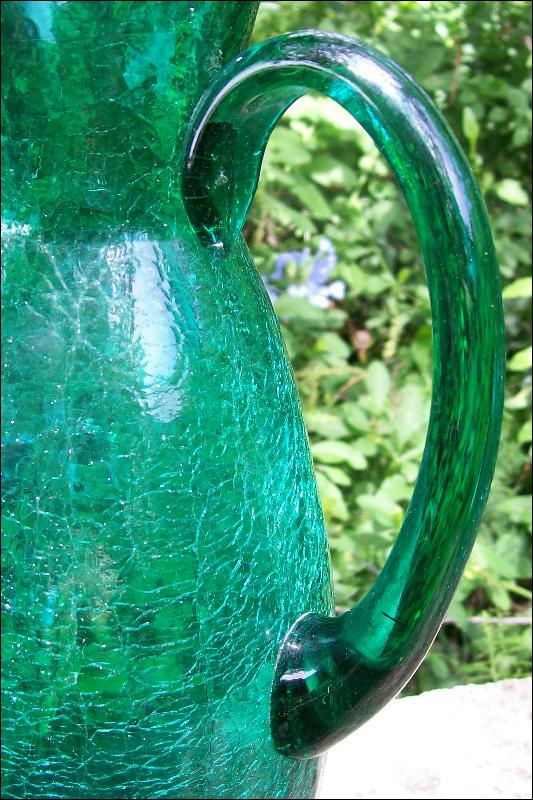 Crackle Glass Pitcher in Teal Green 1950's-60's 12