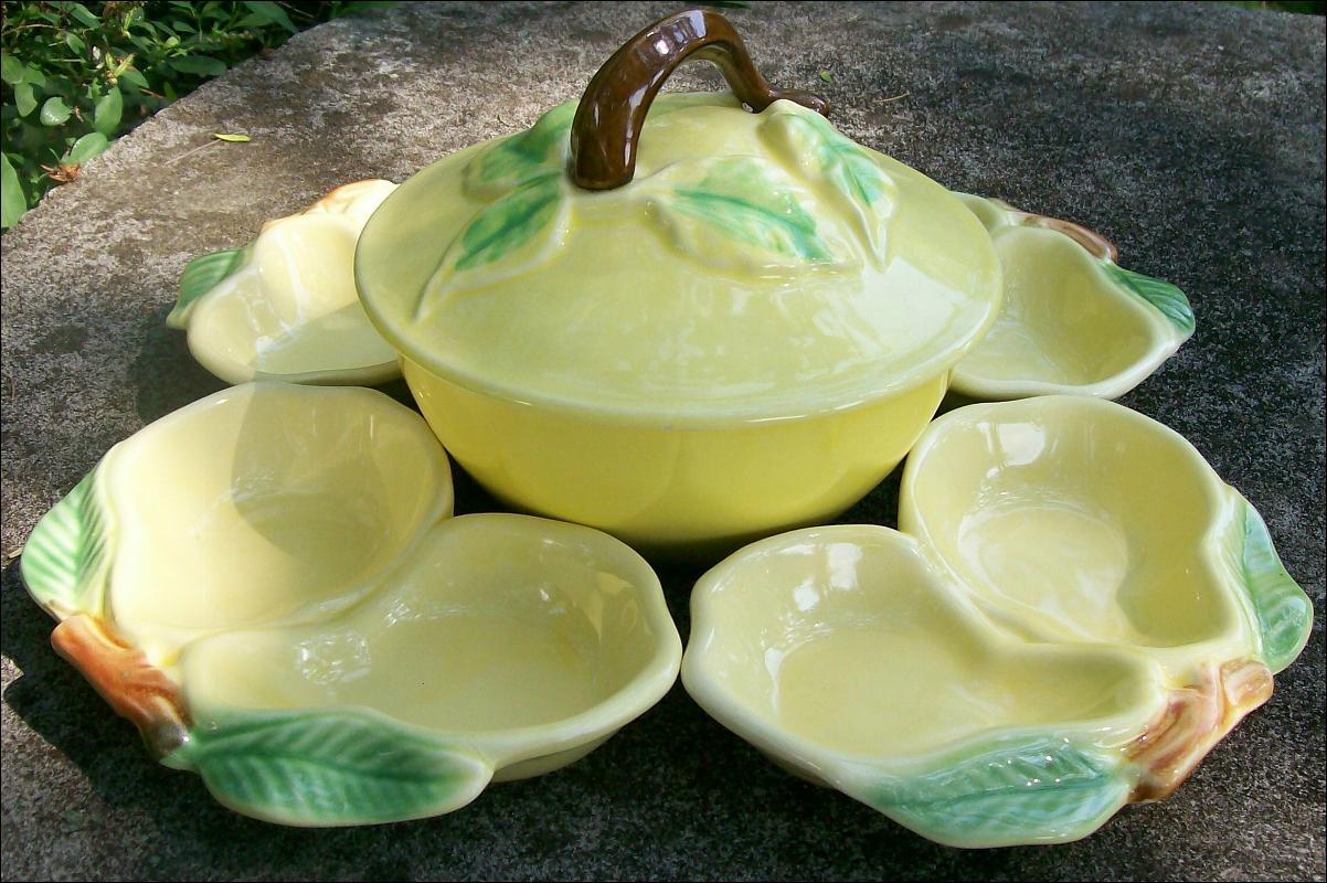 Belmar of California Ceramic Five Piece Serving Set: Figural Fruit Yellow & Green