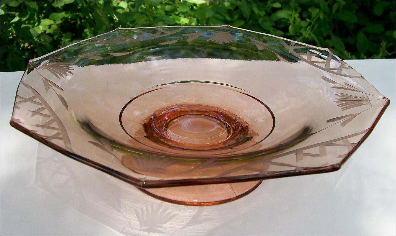 Pink Depression Glass Octagon Pedestal Console Bowl Cut Floral/Lattice 10